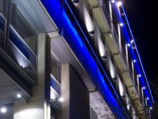 Архитектурное освещение фасада металлогалогенными прожекторами и светодиодными трубками. Иллюминация на деревьях